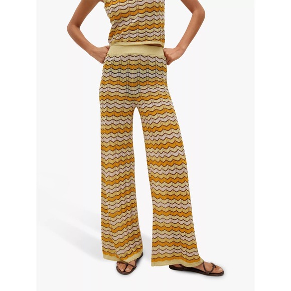 MANGO Knit Pants Chevron Wide Leg Pants Elastic Waist Gold Yellow Casual XL NEW - Picture 2 of 10